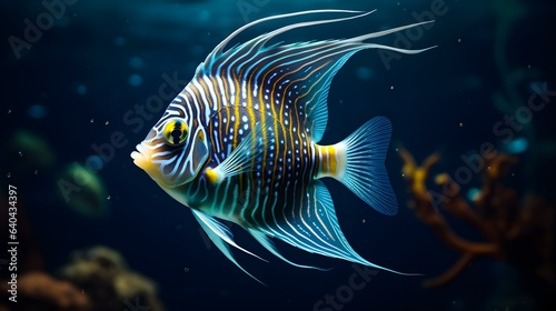 Close up of a colorful Angelfish swimming in the clear Ocean. Natural Background with beautiful Lighting