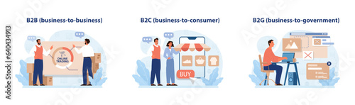 E-store and e-commerce set. Entrepreneur selling goods and gaining