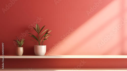 Empty light red wall with beautiful shadows and plants. Minimalist background for product presentation