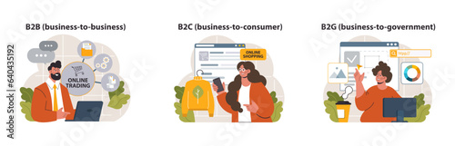 E-store and e-commerce set. Entrepreneur selling goods and gaining
