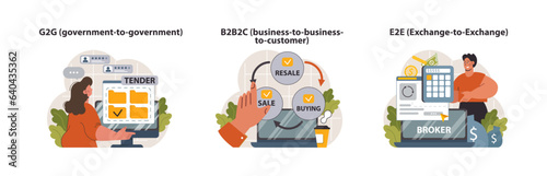 E-store and e-commerce set. Entrepreneur selling goods and gaining