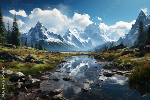 Serene mountain landscape reflecting in a tranquil lake. Generative Ai.
