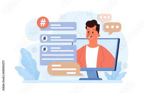Hashtag. Character using digital device for sending posts and sharing