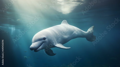 Close up of a Beluga Whale swimming in the clear Ocean. Natural Background with beautiful Lighting