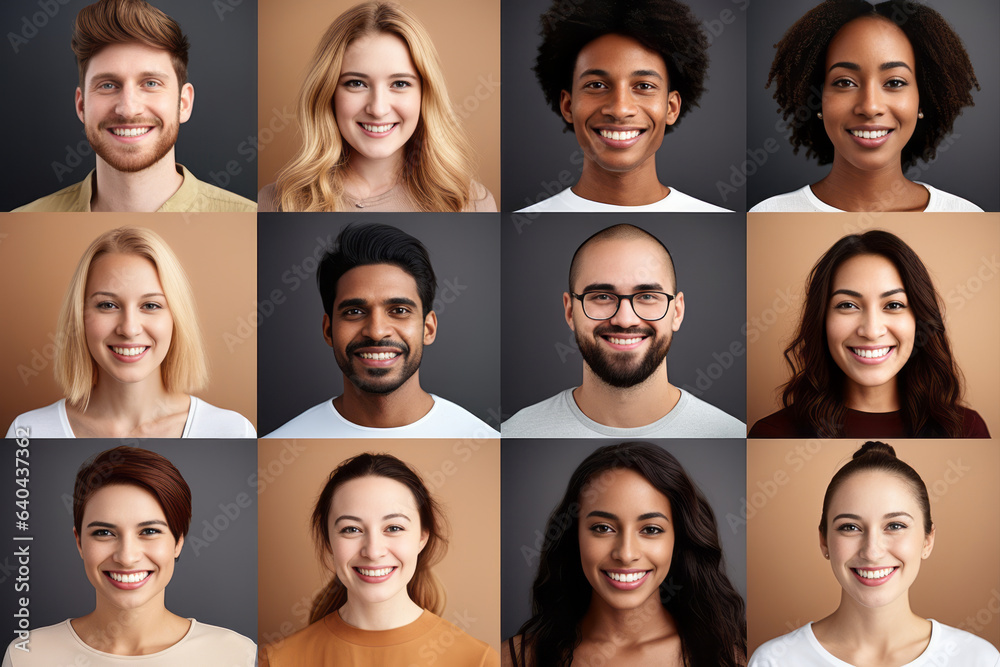 Collage of multicultural ethnically different people modern portraits of women and man, looking in front of camera. Generative AI Collage of multicultural ethnically different people modern portraits of women and man, looking in front of camera. Generative AI