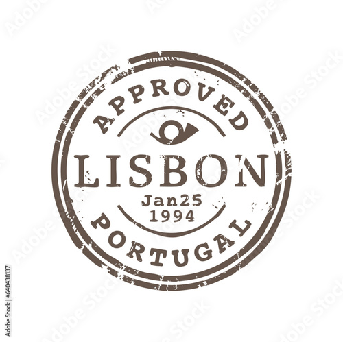 Approved Lisbon Portugal postage delivery stamp, postmark of European country, postcard label print. Rubber postal seal, international post mark photo