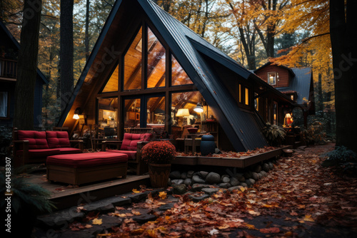 A cozy cabin in the woods is embraced by a tapestry of red, orange, and yellow leaves, capturing the rustic beauty of autumn. Concept of Woodland Retreat. Generative Ai. © Sebastian
