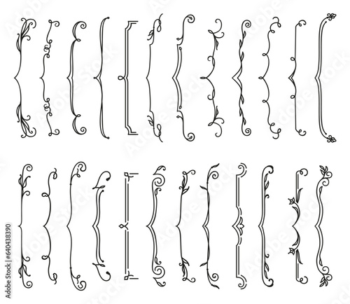 Wedding floral parenthesis borders and outline arrow decorations, vector line frames. Wedding invitation card dividers, delimiters, flourish vignettes or separators for RSVP engagement design elements