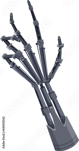Human hand with metal fingers, future artificial technology implant arm. Vector cyborg droid mechanical prosthesis, robotized limb, steel hand