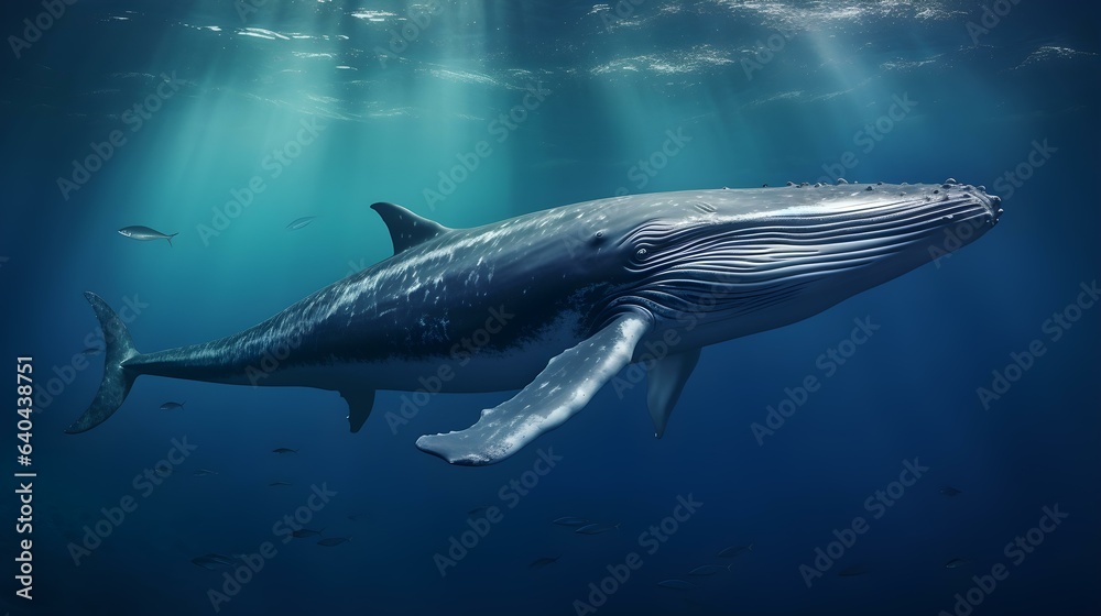 Close up of a Blue Whale swimming in the clear Ocean. Natural Background with beautiful Lighting