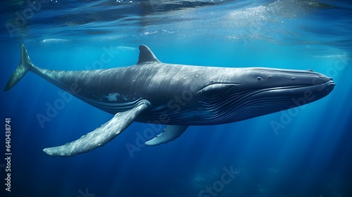 Close up of a Blue Whale swimming in the clear Ocean. Natural Background with beautiful Lighting © Florian