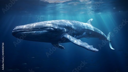 Close up of a Blue Whale swimming in the clear Ocean. Natural Background with beautiful Lighting