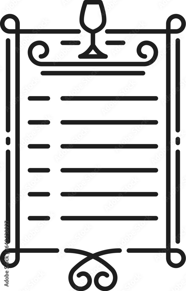 Wine menu with glass, outline icon, bar card. Vector winery card, restaurant alcohol menu, invitation on tasting wine booklet leaflet Wine menu with glass, outline icon, bar card. Vector winery card, restaurant alcohol menu, invitation on tasting wine booklet leaflet