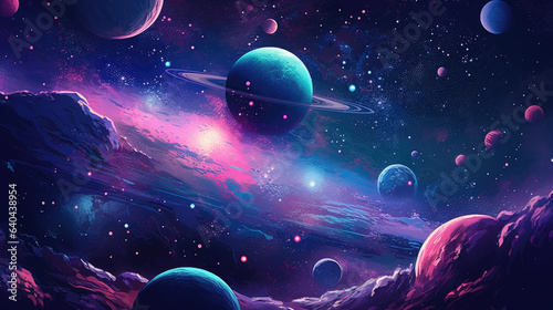 Space galaxy background with saturn planet and asteroids, cartoon universe texture. Vector starry futuristic surface with purple nebula, cosmos dust scenery. Deep purple sky with stars and planets