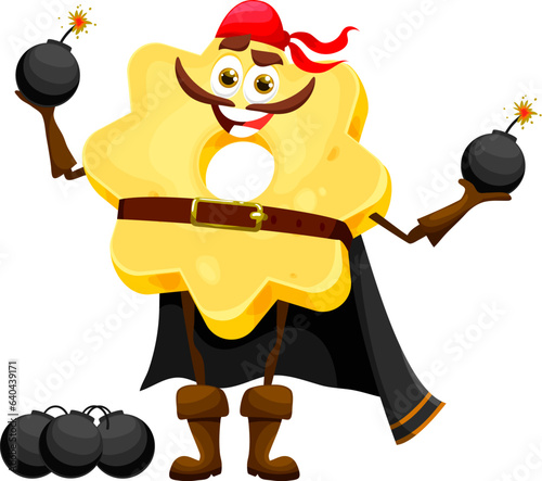 Cartoon stelle italian pasta pirate character. Italian meal corsair childish personage, wheat noodle buccaneer or Italy cuisine stelle pasta pirate isolated vector happy mascot with cannonballs