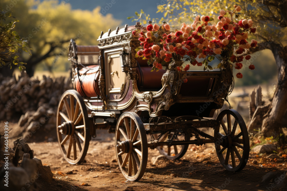 A horse-drawn carriage meanders through an orchard, offering visitors a charming way to experience the autumn scenery. Concept of Orchard Ride. Generative Ai.