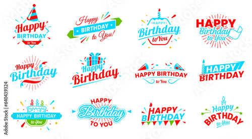 Happy birthday icons. Anniversary event festive calligraphy background, birth day party congratulation handwritten sign or happy birthday greeting text vector banner with cake candles, fireworks
