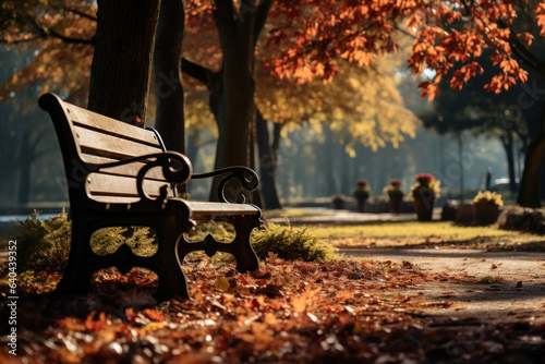 Fotografia A solitary bench in a park invites passersby to sit and enjoy the tranquil beauty of nature's autumn transformation