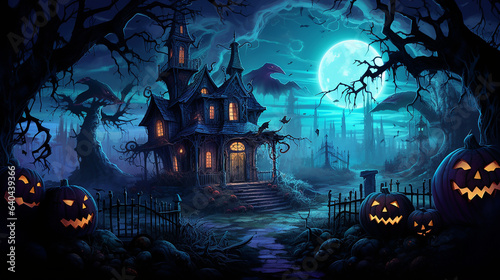 a haunted house with a jack-o-lantern, cartoon illustration © GS Edwards Studio
