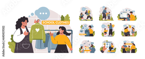 School preparation set. School kids with parents prepare for studying.