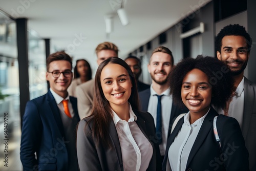 Young happy professional international team business people workers standing in corporate office  diverse multiethnic smiling colleagues company staff posing together. generative AI