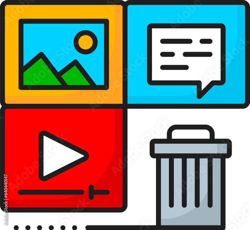 Content delete, CMS content management system icon, digital media online tools, vector line pictogram. CMS and digital media content management icon of photo, video and message publications delete