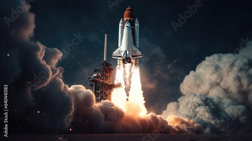 Space rocket launch, ship. Concept of business product on a market. Spaceship takes off in the starry sky. Rocket space ship.