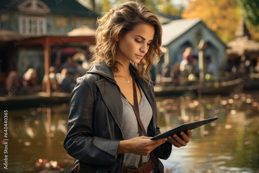 Obraz premium A traveler walks along a riverfront, combining sightseeing with digital work tasks on a tablet. Capturing the essence of productive leisure travel. Generative Ai.