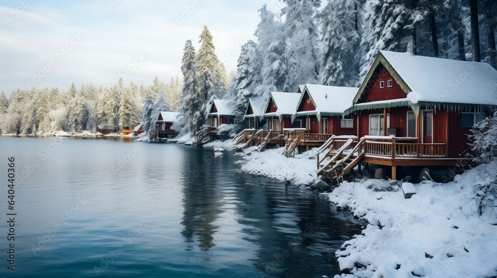 Cozy cabins surrounded by frozen lakes in Winter Wonderland
