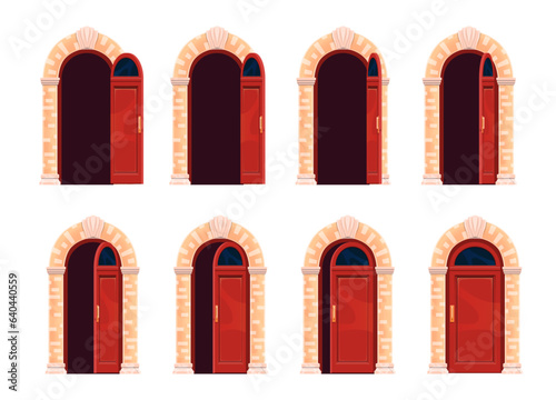 Cartoon open door motion, animation sprite. Vector luxury house doorway opening sequence frame. Close, slightly ajar and open stages of wooden arched doors with darkness inside. Home facade entrance