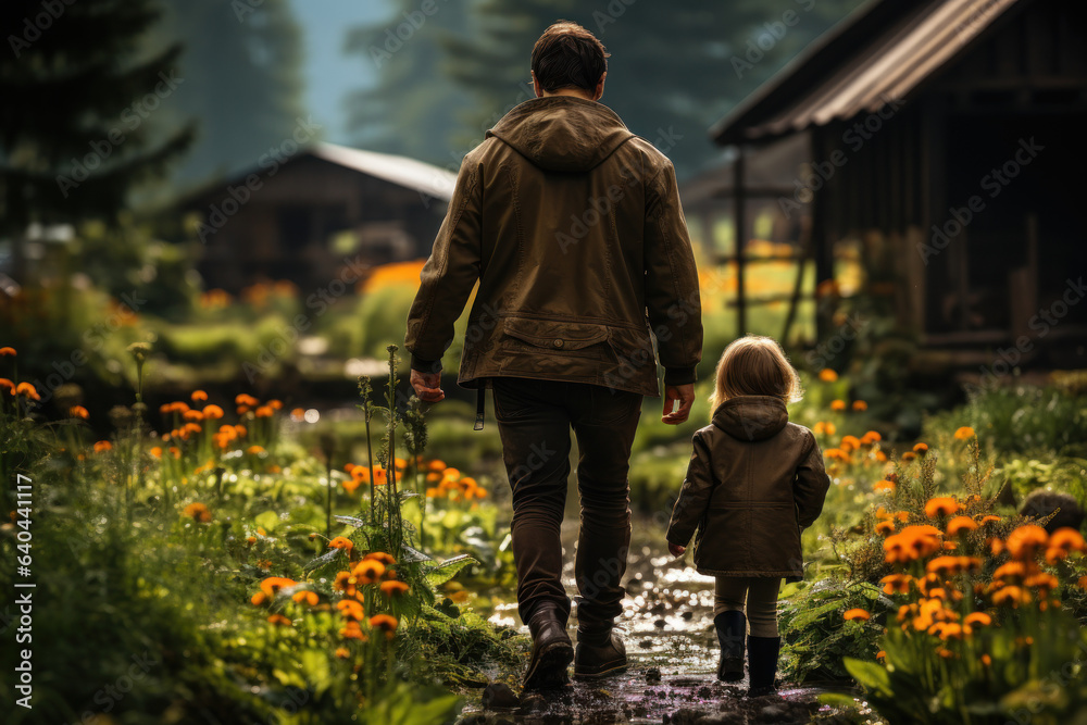 A child and a parent explore a nature trail behind their house, discovering the wonders of local flora and fauna. Concept of Family Adventures. Generative Ai.