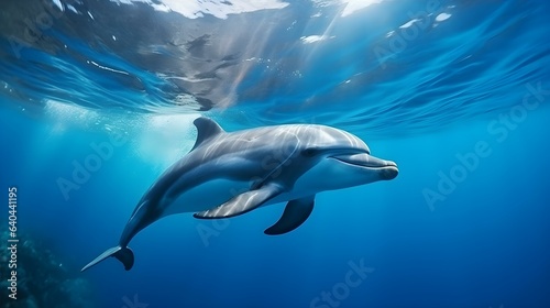 Close up of a Dolphin swimming in the clear Ocean. Natural Background with beautiful Lighting © Florian