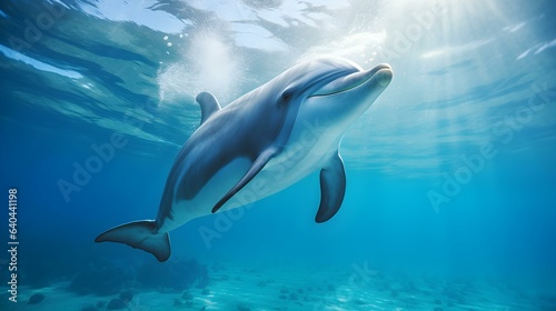Close up of a Dolphin swimming in the clear Ocean. Natural Background with beautiful Lighting © Florian
