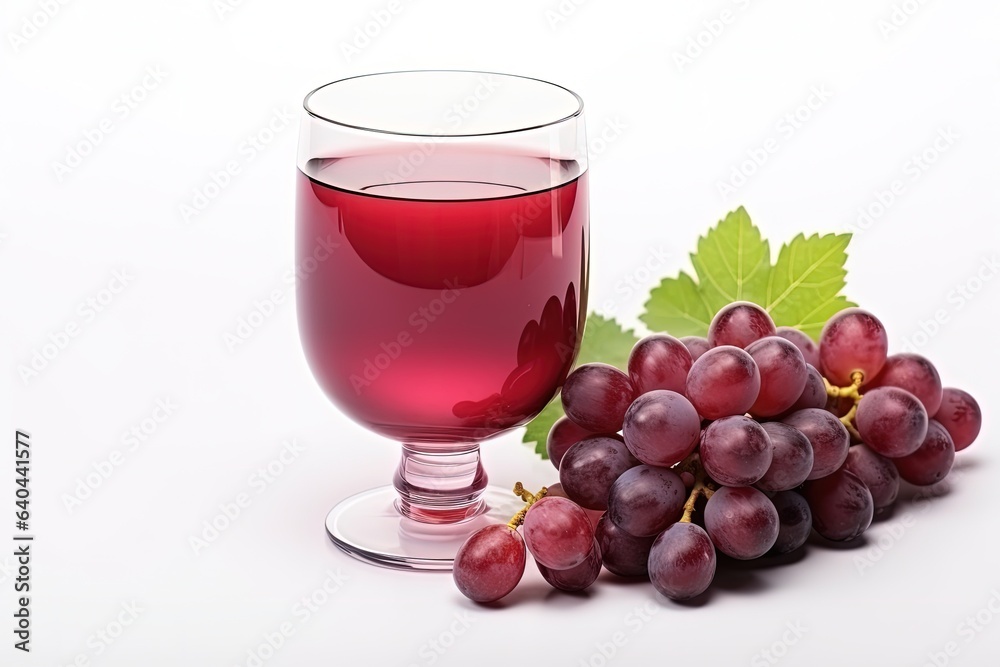 Glass with grape juice and bunches of grapes on the side, white background. Generative AI Glass with grape juice and bunches of grapes on the side, white background. Generative AI