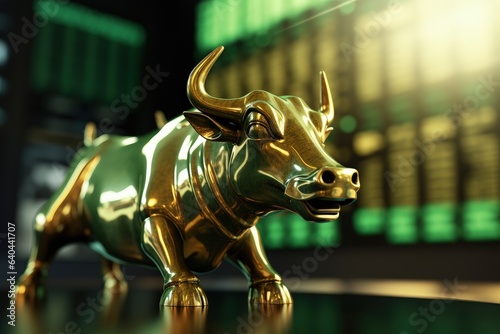 Golden bull, green background, investment and stock exchange concept. Generative AI