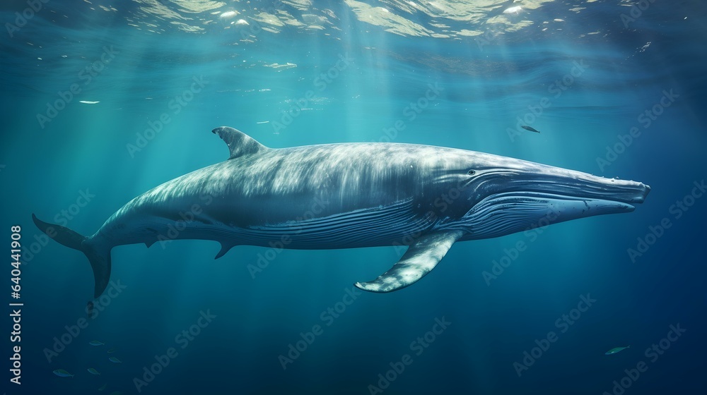 Fototapeta premium Close up of a Fin Whale swimming in the deep Ocean. Natural Background with beautiful Lighting
