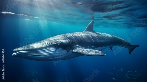 Close up of a Fin Whale swimming in the deep Ocean. Natural Background with beautiful Lighting photo