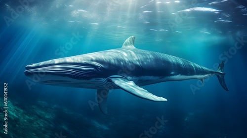 Close up of a Fin Whale swimming in the deep Ocean. Natural Background with beautiful Lighting © Florian