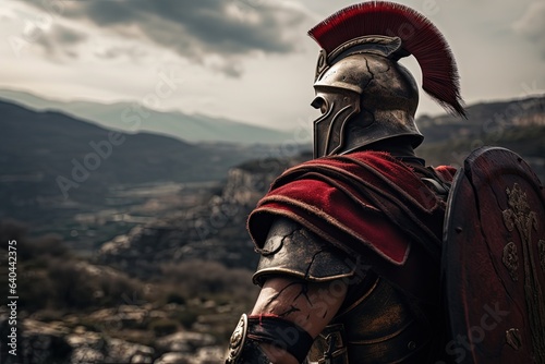 Spartan warrior in armor, battlefield in the background. Generative AI photo