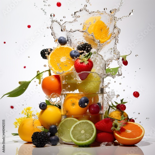 Fresh fruits and flowers in water splashes  dynamic still life on white background isolated