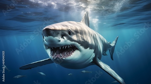 Close up of a Great White Shark swimming in the deep Ocean. Natural Background with beautiful Lighting © Florian