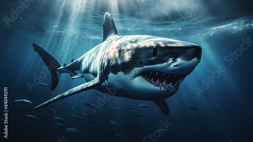 Close up of a Great White Shark swimming in the deep Ocean. Natural Background with beautiful Lighting