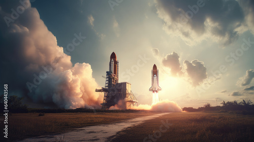 space shuttle takeoff with colored bright clouds.