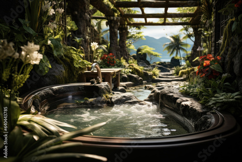 A spa resort offers open-air baths surrounded by lush vegetation, providing a space for guests to unwind in nature's embrace. Generative Ai.