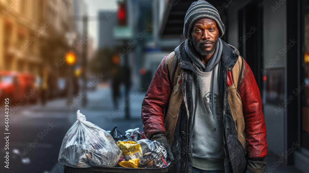Black homeless garbage collector walking down the city street looking at the camera.