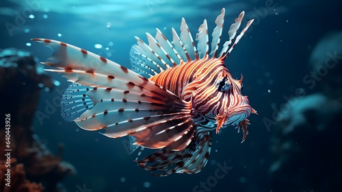 Close up of a Lionfish swimming in the clear Sea. Natural Background with beautiful Lighting