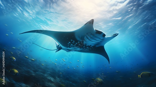 Close up of a Manta Ray swimming in the clear Sea. Natural Background with beautiful Lighting