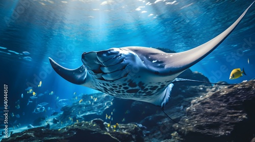 Close up of a Manta Ray swimming in the clear Sea. Natural Background with beautiful Lighting
