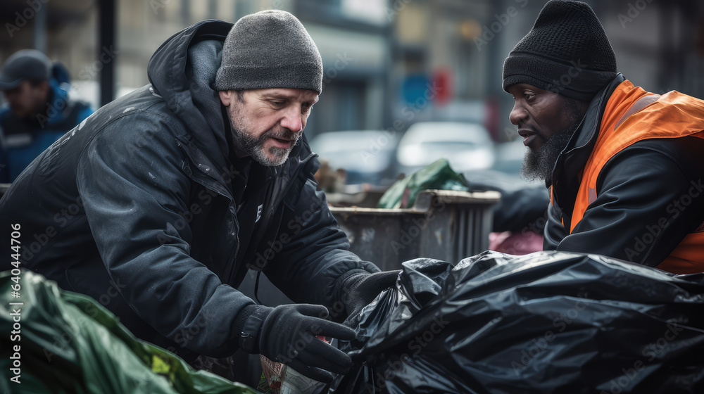 Two homeless friends walking down the city street and talking..