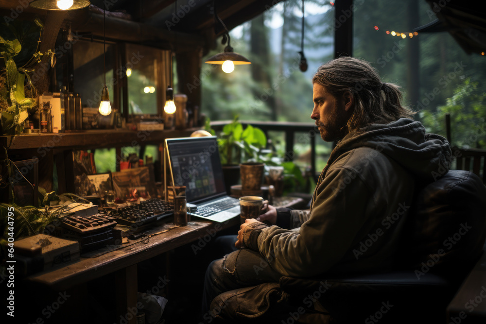 A young professional enjoys a digital detox retreat in a forest cabin, prioritizing solitude and nature for mental rejuvenation. Generative Ai.